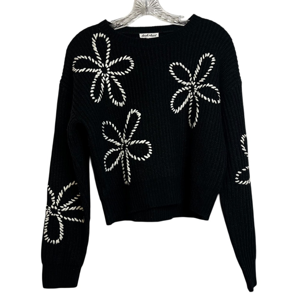 Derek Heart‎ Womens Black Whipstitch Floral Ribbed Knit Cropped Sweater Medium